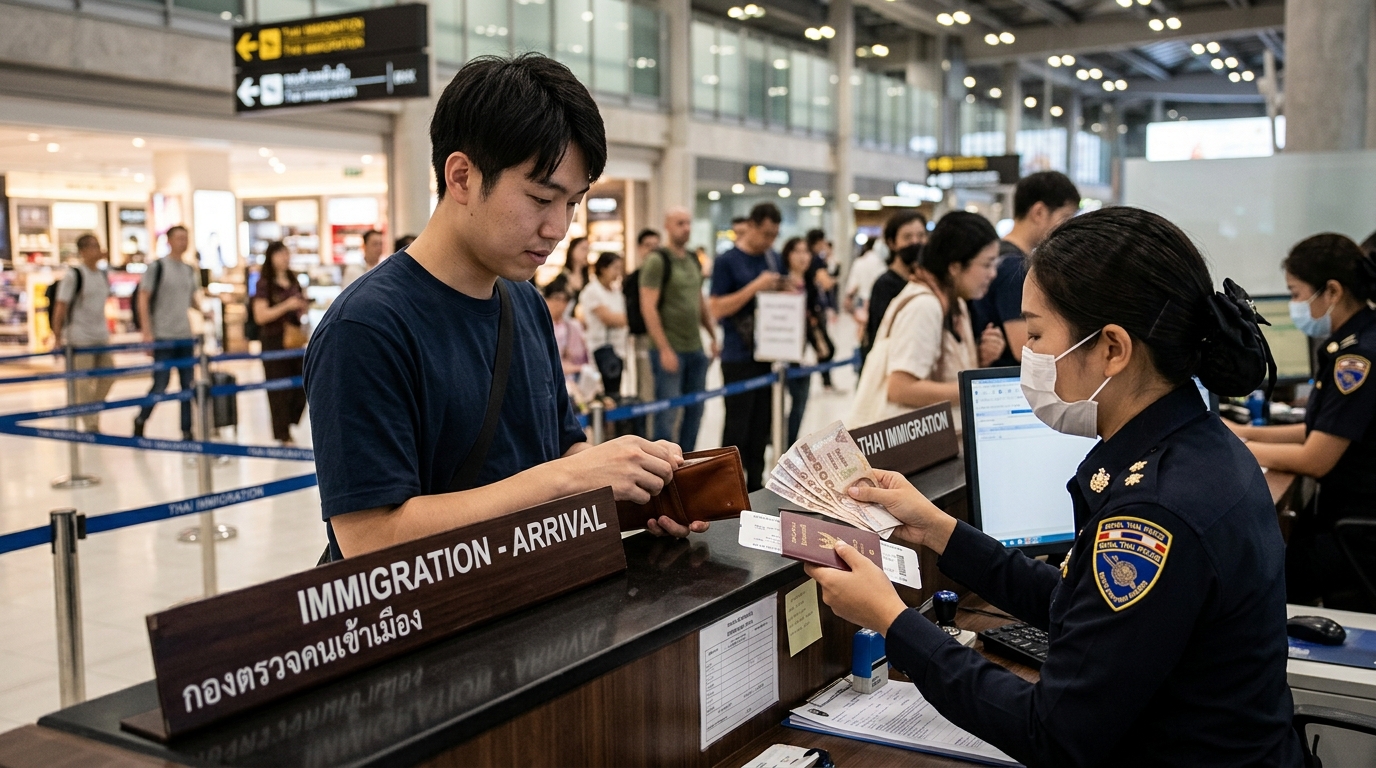 Illustration of an immigration desk at a Thai airport