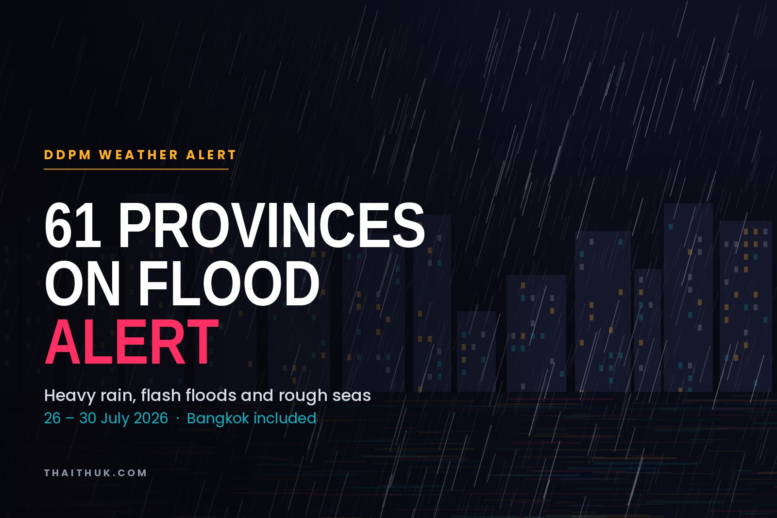 Rain falling over a night-time Thai city skyline with the headline 61 provinces on flood alert