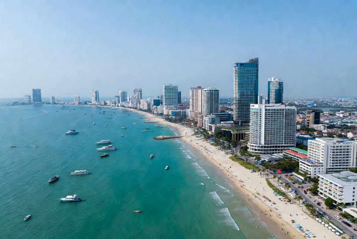 Aerial file photograph of Pattaya, Thailand, illustrating this Pattaya news report on the arrest of a Chinese gambling network suspect