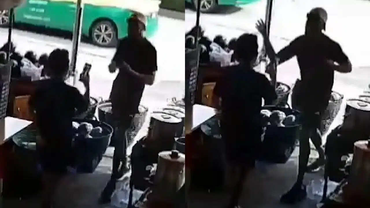Bangkok news CCTV stills showing the Norwegian man confronting staff at a shop near Bang Na intersection in Bangkok Thailand after the skywalk assault