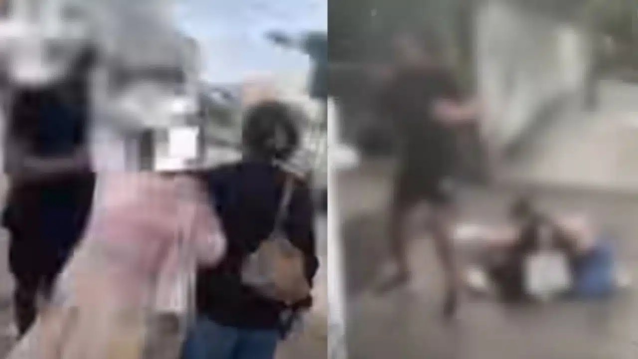 Bangkok news video stills showing the Norwegian man confronting the two complainants and a person on the ground after the skywalk assault near Bang Na in Bangkok Thailand