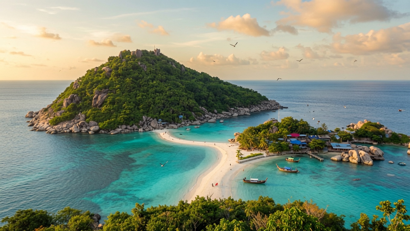 Overview of Koh Tao's twin bays and surrounding reefs