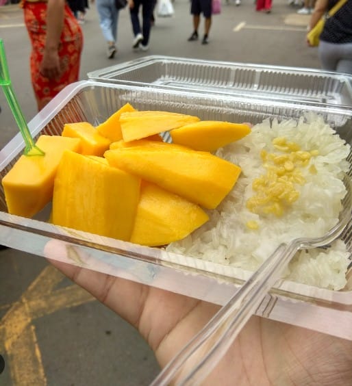 Mango sticky rice with coconut cream and toasted mung beans