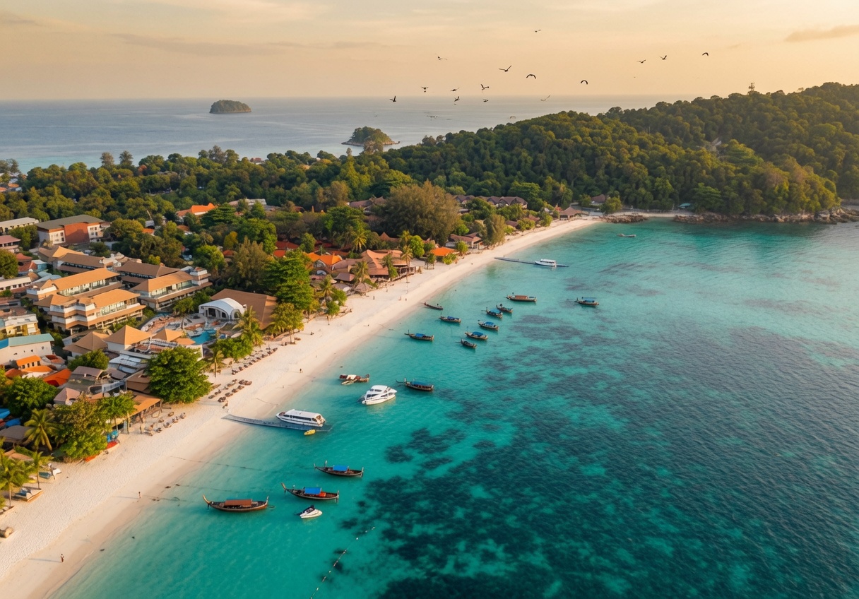 Koh Lipe at golden hour with longtail boats on clear turquoise water