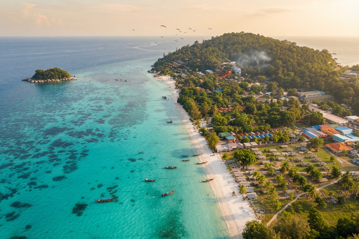 Koh Lipe shoreline with village and longtail boats