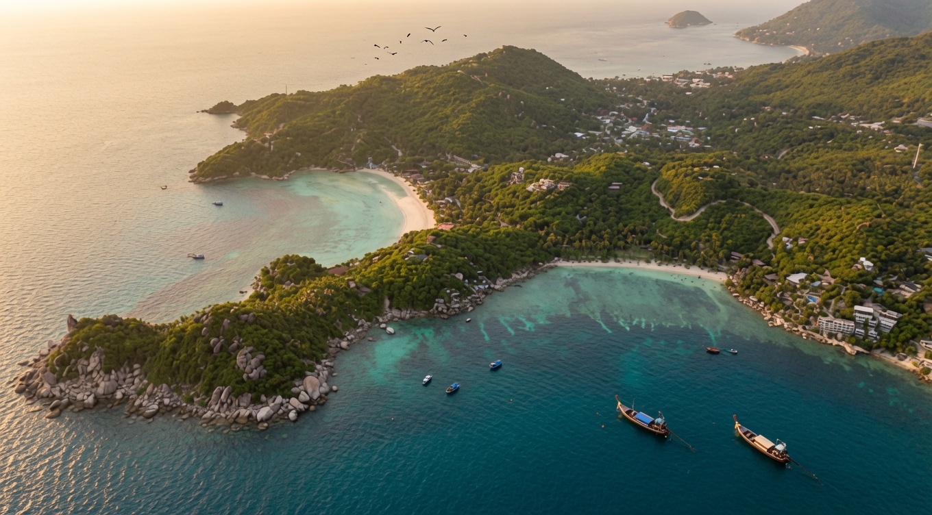 Aerial of Koh Tao's rugged coastline and bays at golden hour