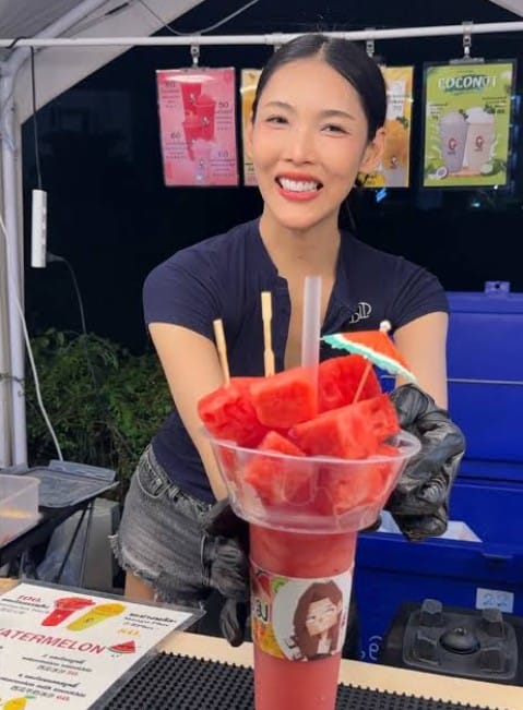 Watermelon smoothie blended fresh at a Thai fruit stall