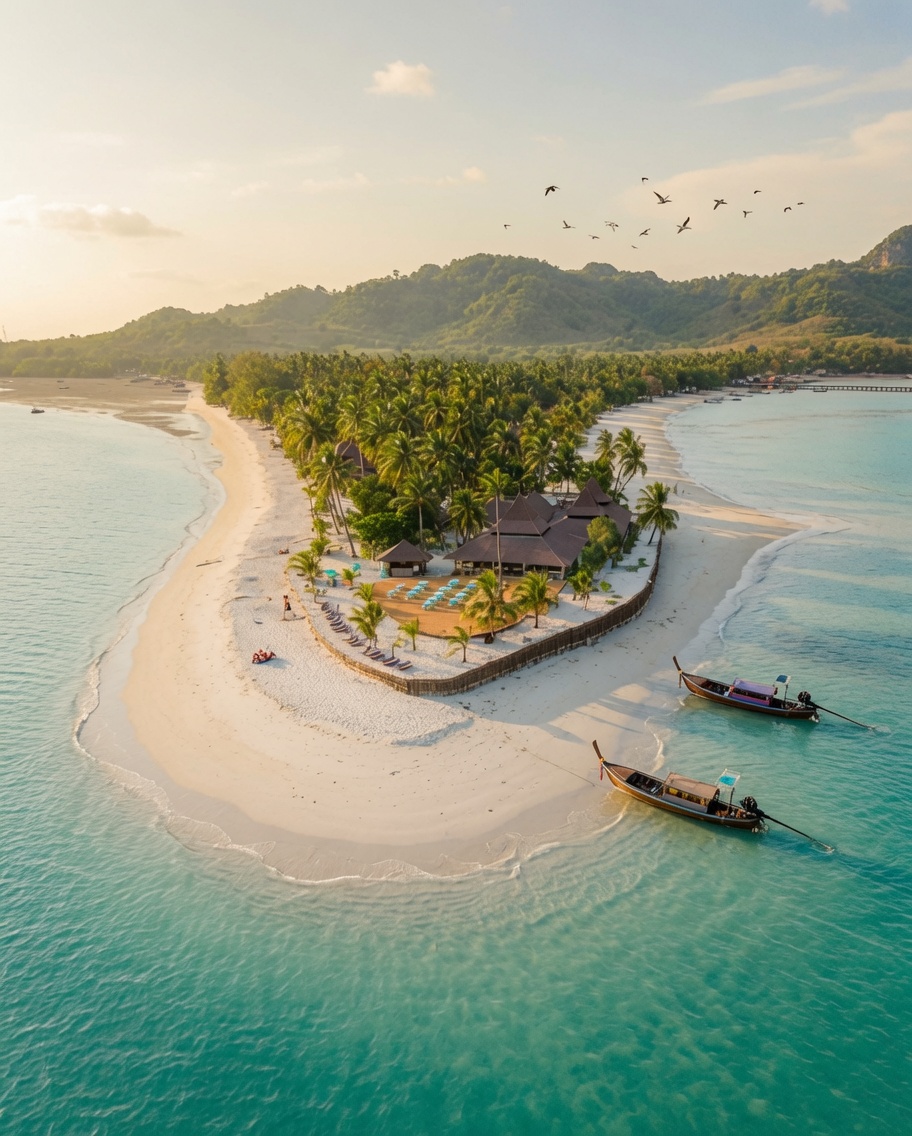 Koh Mook island beach with fishing boats and limestone backdrop