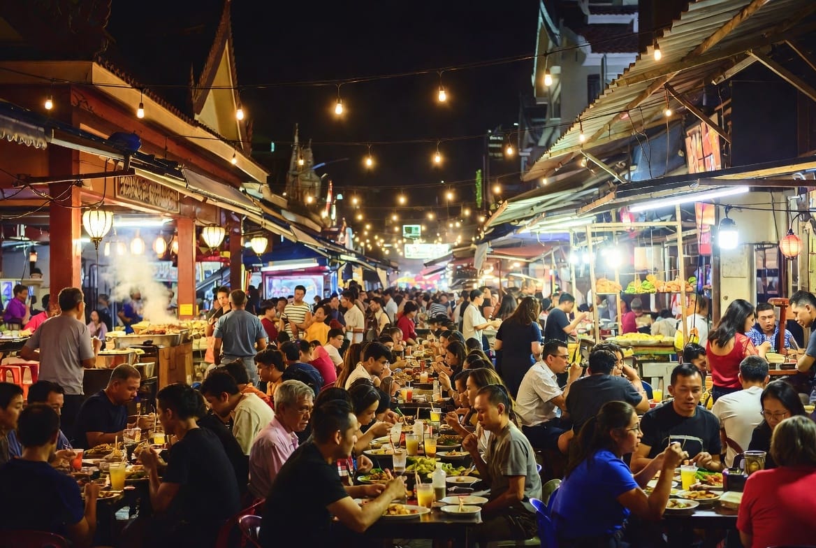 Diners at sidewalk tables under lights along Rangnam Road in the evening