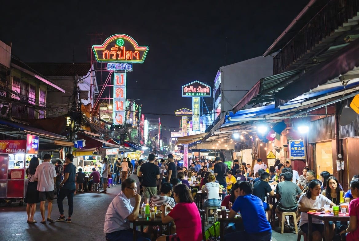 A lively Banglamphu street at night with signs, stalls and sidewalk tables