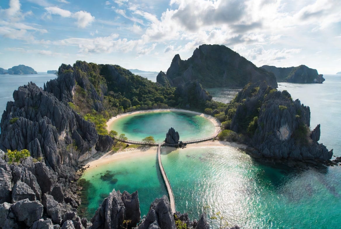 Aerial view of Koh Nang Yuan with three beaches joined by sandbars near Koh Tao