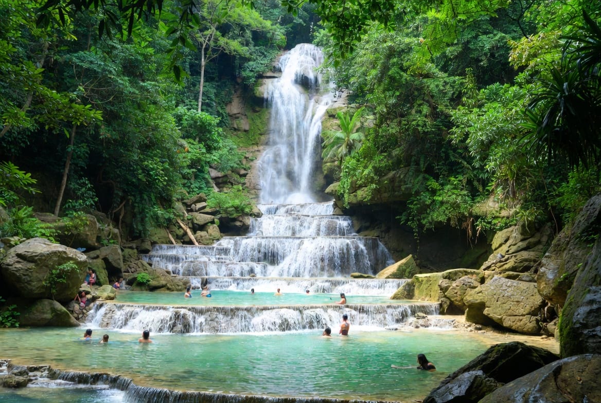 Multi-tiered Erawan Waterfall with turquoise pools and people swimming, Kanchanaburi