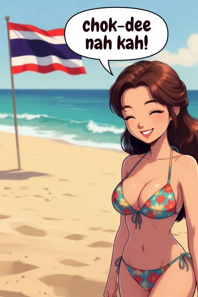 Cartoon of a smiling Thai woman on the beach beside the Thai flag, saying "chok-dee nah kah!"