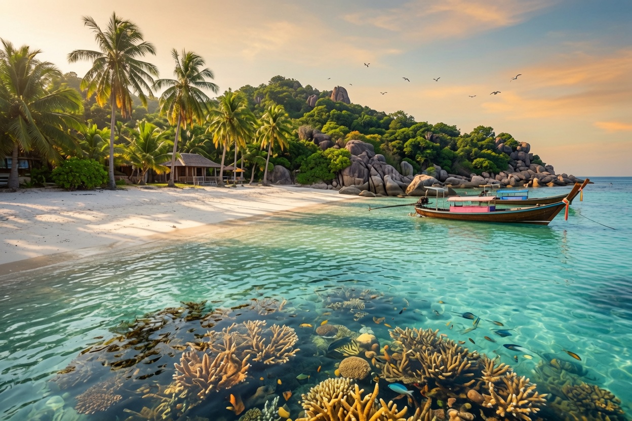 Quiet Koh Tao beach with palm trees and a longtail boat