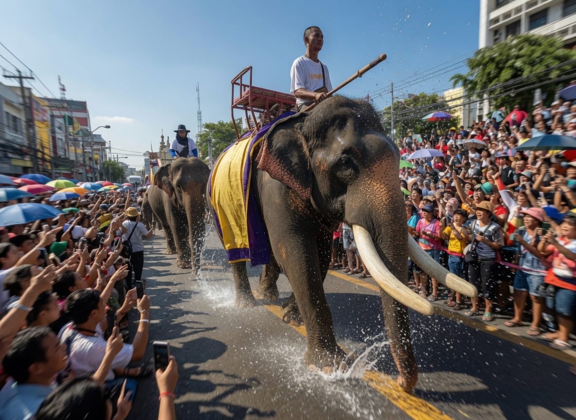 Elephants decorated for the parade at the Surin Elephant Round-Up festival in Thailand