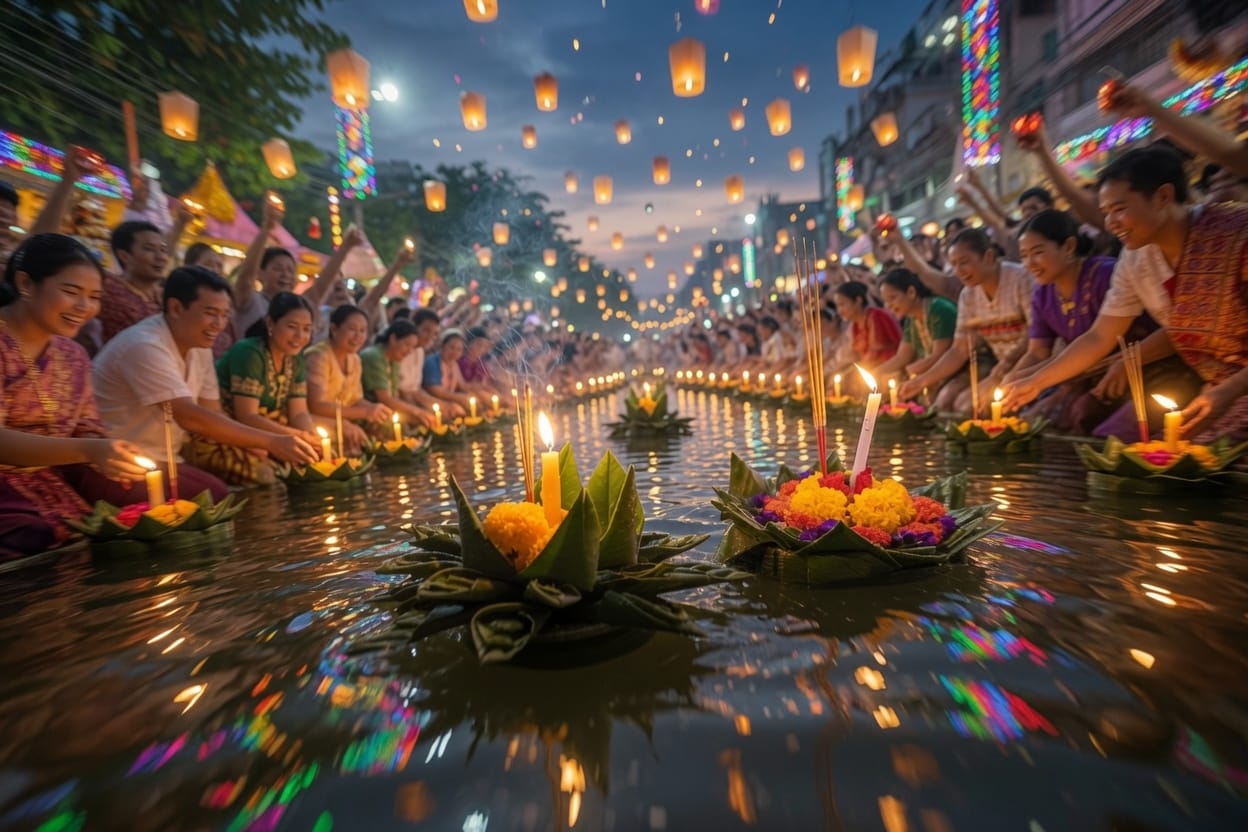 Krathong floating lanterns with candles and flowers on the water during Loy Krathong