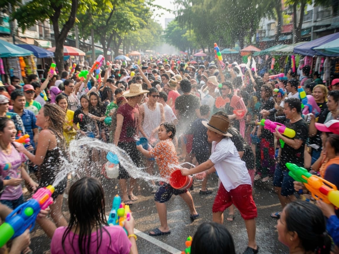 Joyful crowds celebrating Songkran with water fights in Chiang Mai, Thailand