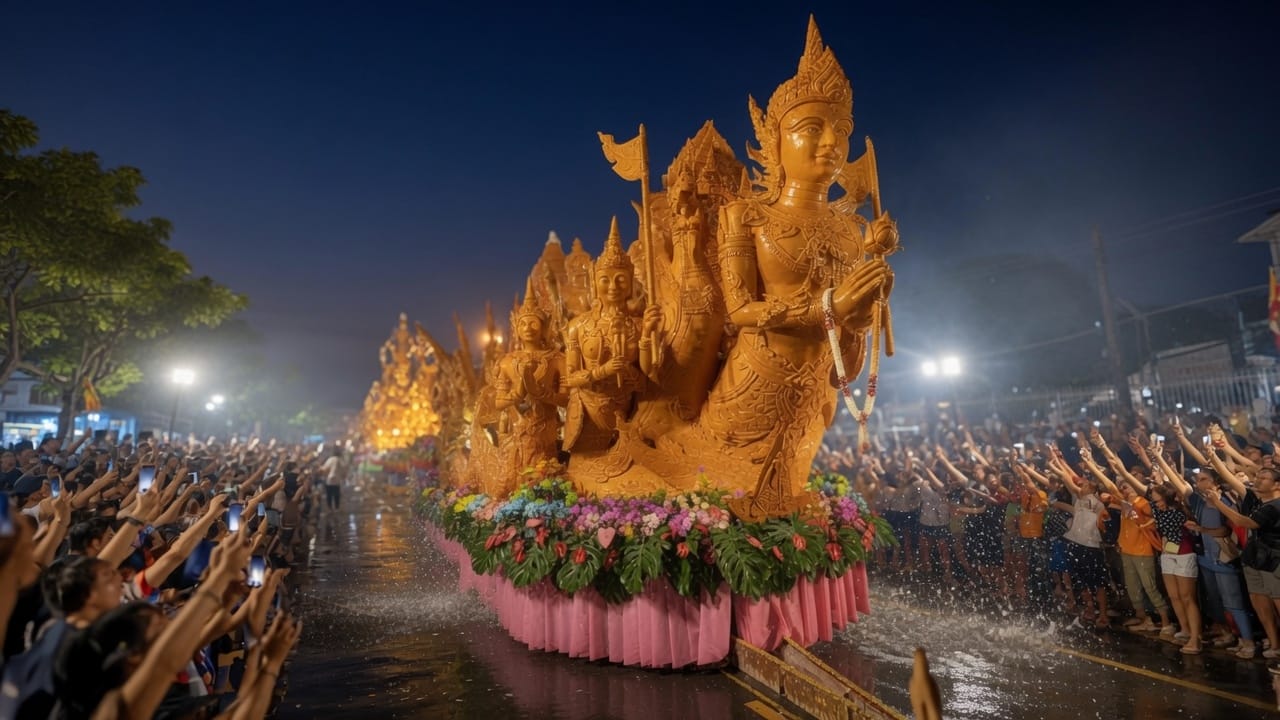 Massive intricately carved wax candle floats during the Ubon Ratchathani Candle Festival at night