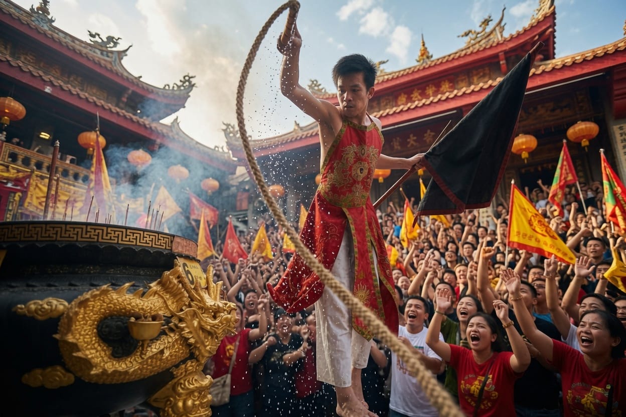 Devotee participating in an intense ritual during the Phuket Vegetarian Festival
