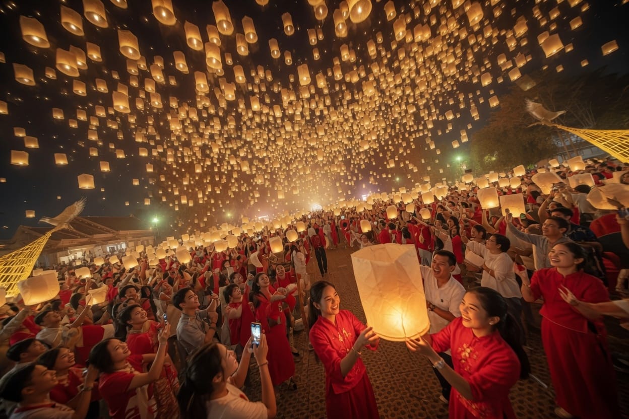 Thousands of glowing sky lanterns released during Yi Peng festival in Chiang Mai at night