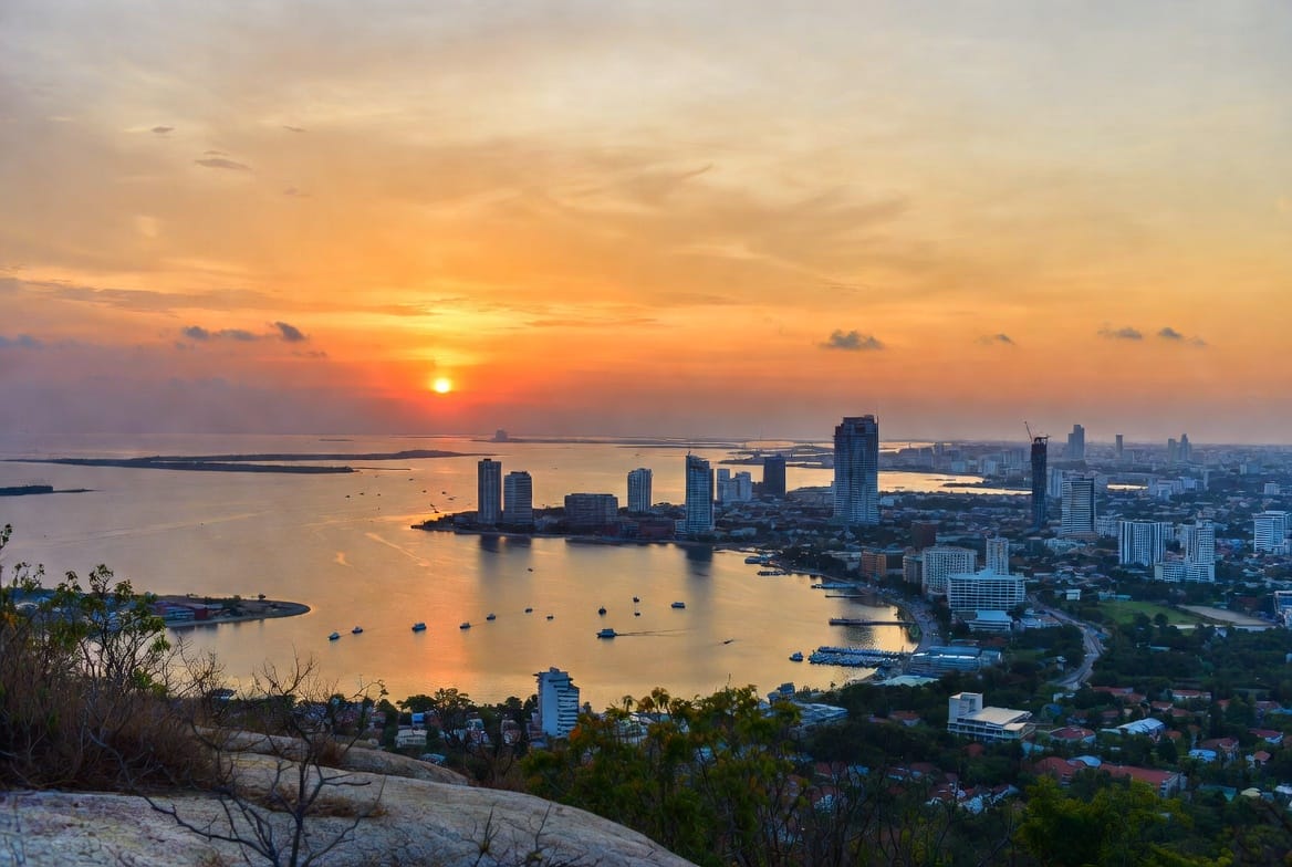 Panoramic sunset view from Pratumnak Hill over Pattaya Bay