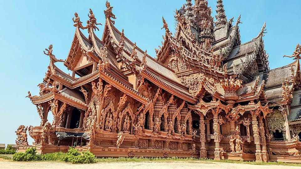 Intricate wooden carvings of the Sanctuary of Truth in Pattaya