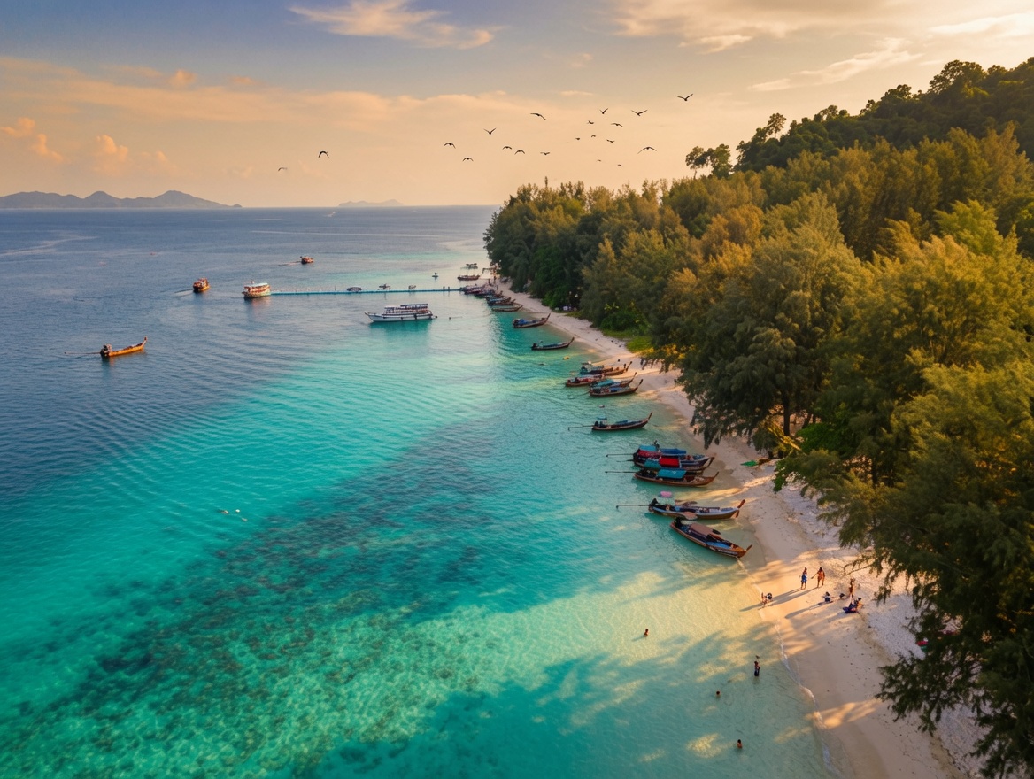 Long powdery beach on Koh Kradan backed by jungle with longtail boats