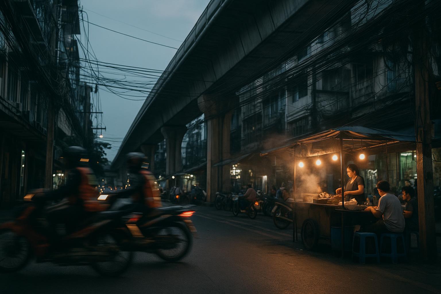 A Bangkok street at dusk beneath an elevated rail viaduct, food stalls lit and motorbikes passing