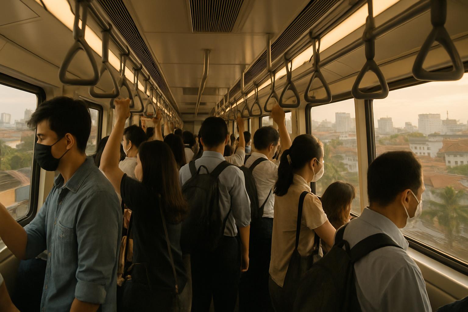 Commuters standing in a busy elevated urban train carriage at rush hour, city rooftops visible through the windows