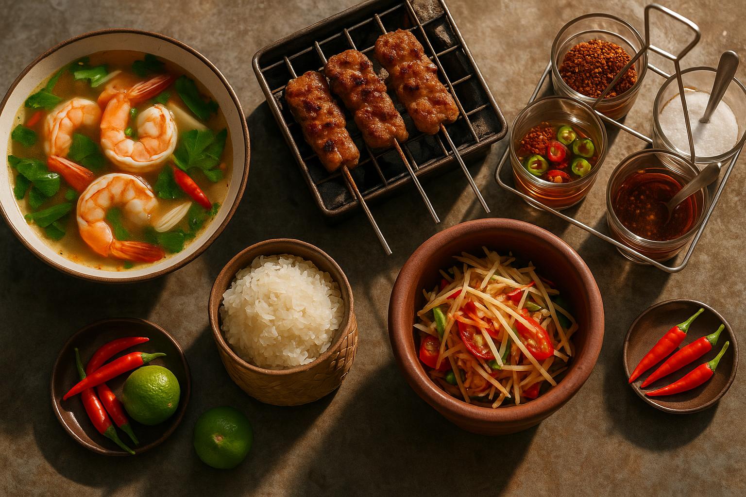 An overhead view of a table of Thai dishes — hot and sour prawn soup, grilled pork skewers, green papaya salad, sticky rice, chillies and limes