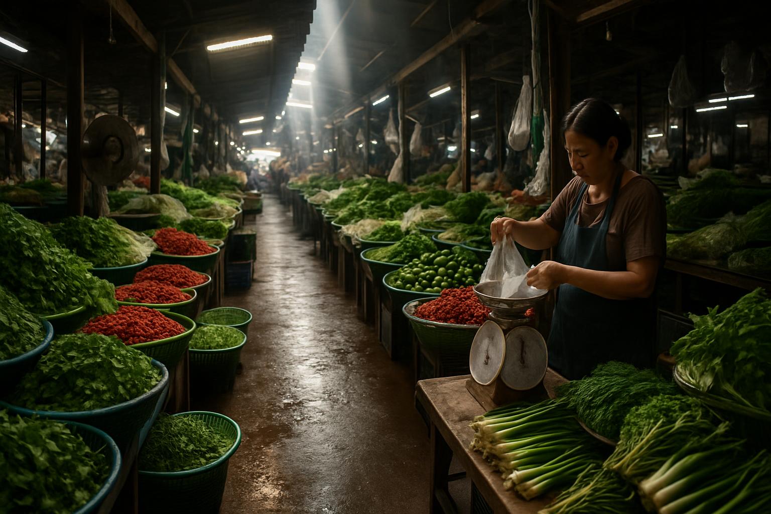 A covered Thai fresh market aisle in the morning with stalls of herbs, chillies, limes and greens