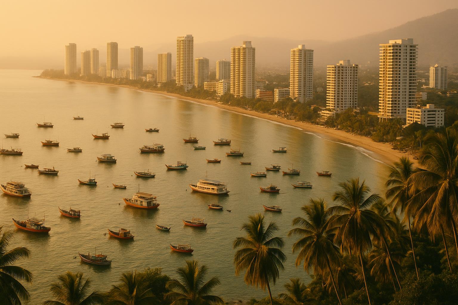 A wide tropical bay at golden hour with high-rise towers along the shoreline and fishing boats moored offshore
