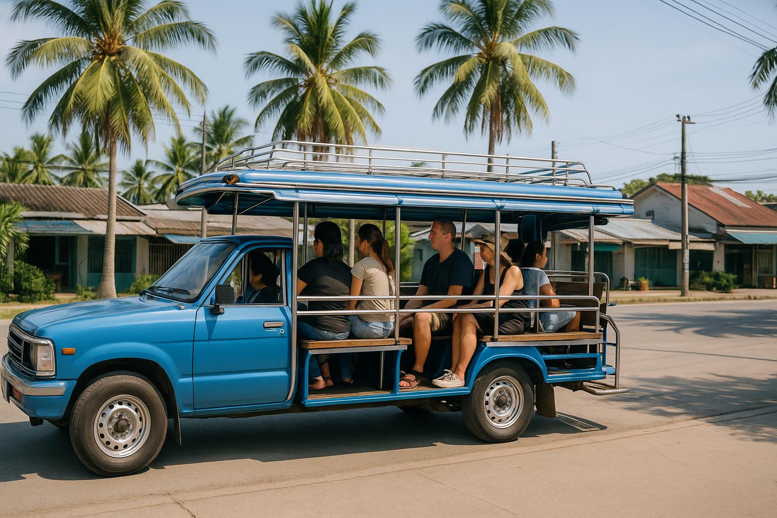 A blue converted pickup truck used as a shared local bus, with bench seats in the covered rear tray, parked at a sunny roadside