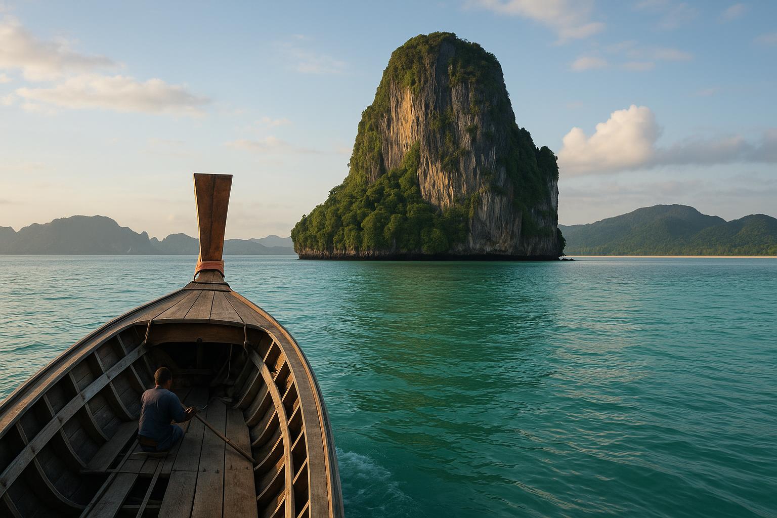 A long-tail boat crossing turquoise water toward a limestone karst island in southern Thailand in early morning light
