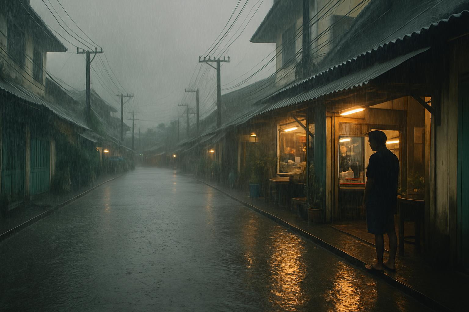 Heavy tropical rain falling on a wet street with standing water reflecting shop lights