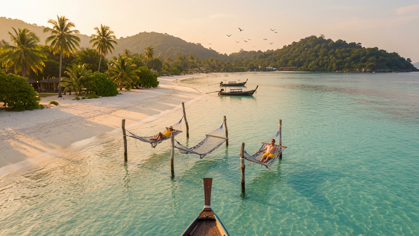 Serene Koh Kood beach with longtail boats and calm shallows