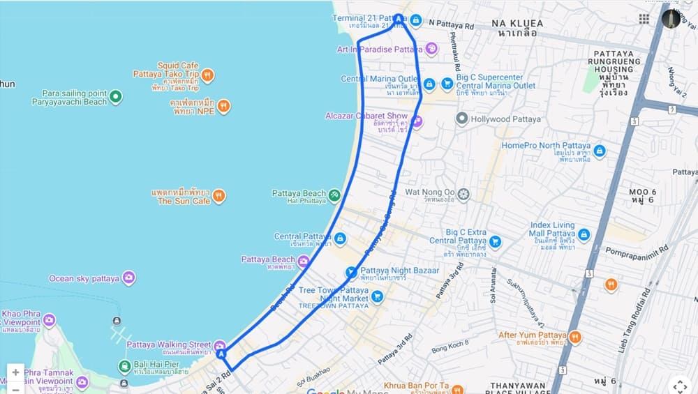 Map of the Beach Road and Second Road Songthaew loop through central Pattaya