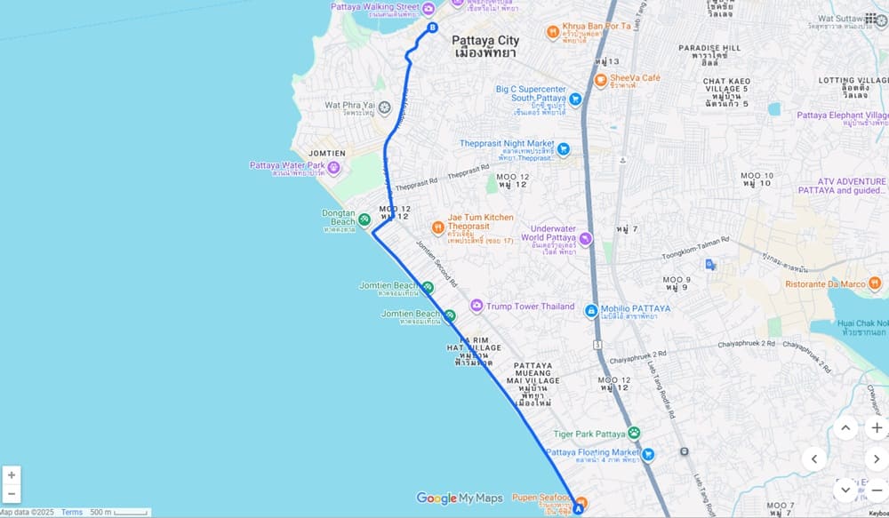Map of the Pattaya to Jomtien Beach Songthaew route