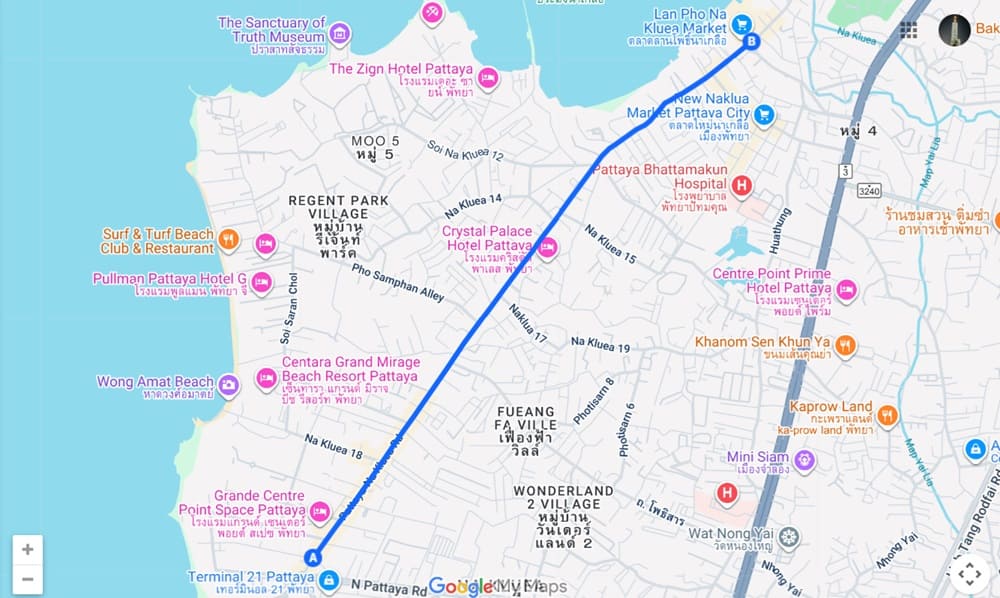 Map of the Pattaya to Na Kluea Songthaew route