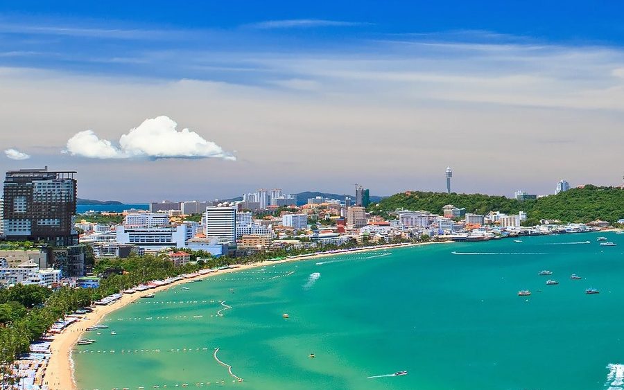 Aerial view of Pattaya Bay, beach and skyline