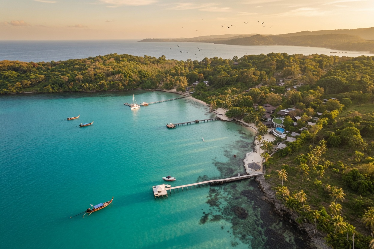 Aerial view of a Koh Kood bay with turquoise water and moored boats