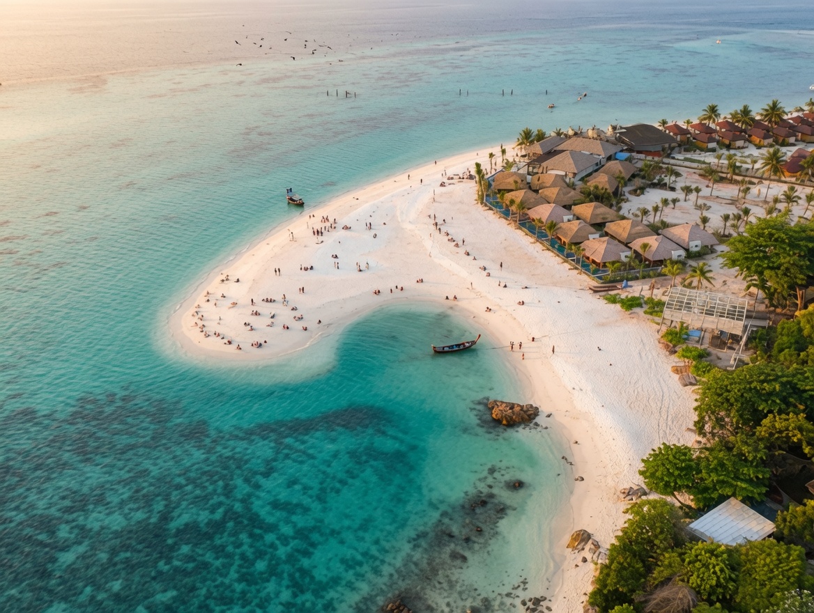 Aerial of the Koh Lipe sandbar between two beaches with resorts and boats