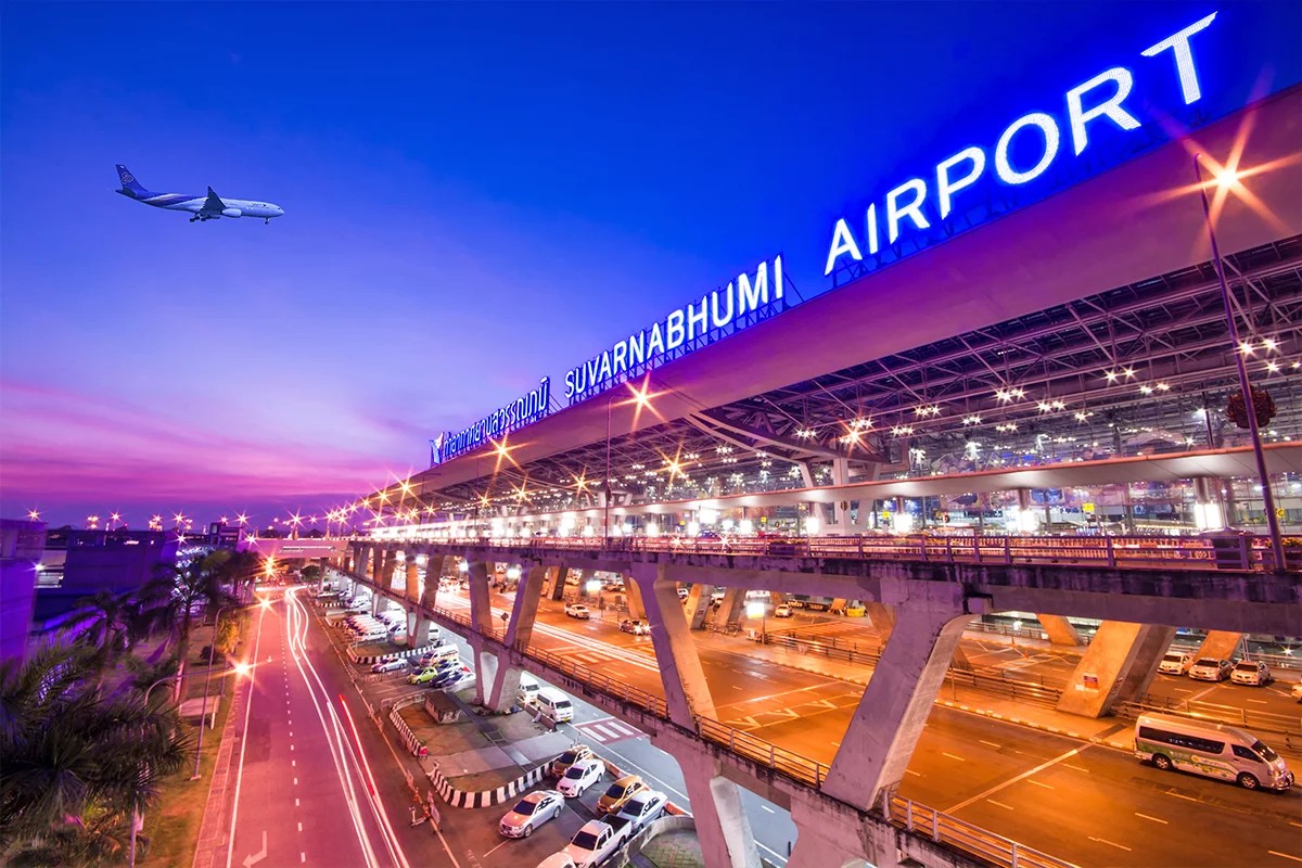 Suvarnabhumi Airport terminal glowing at night