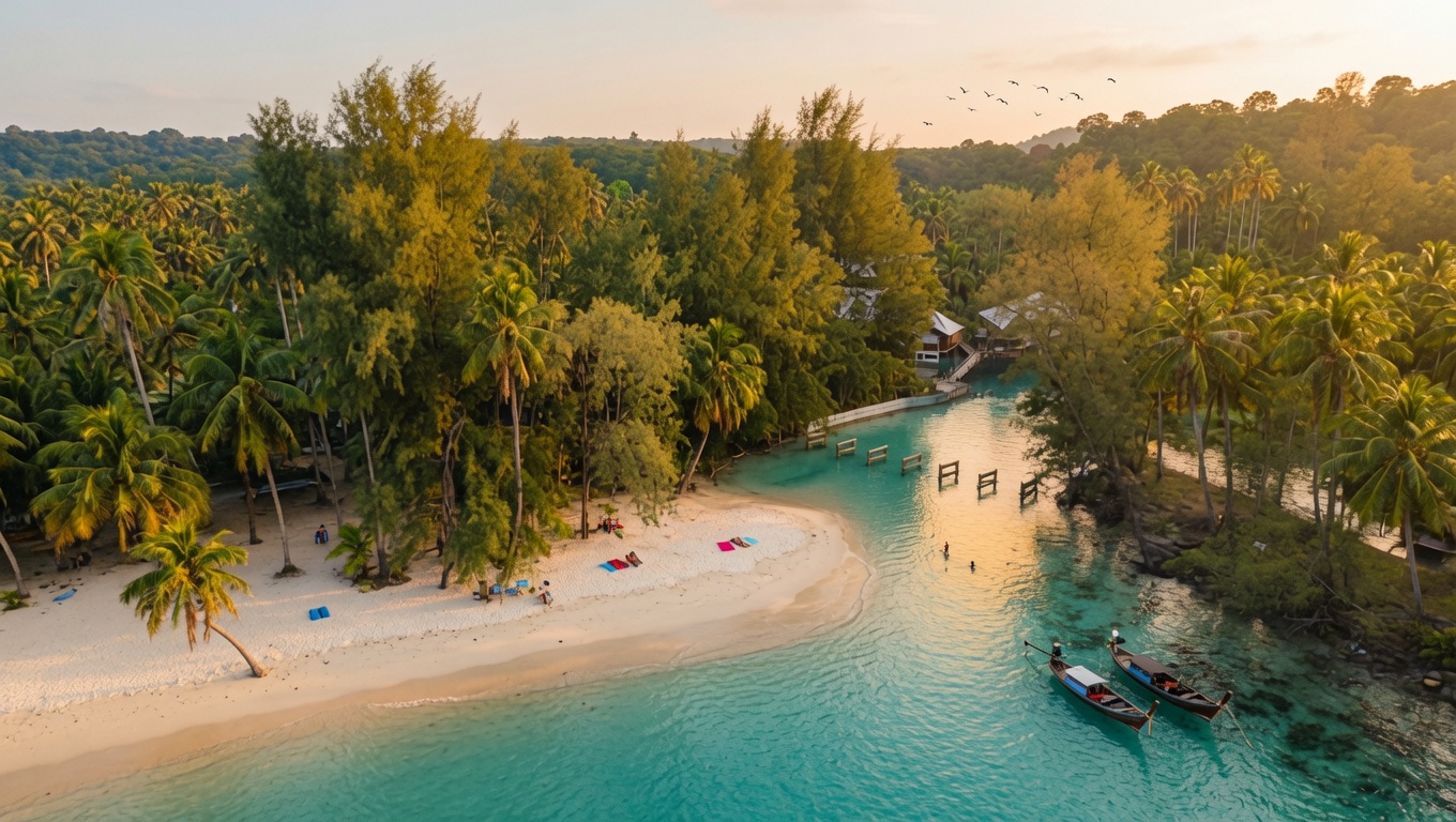 Koh Kood beach with longtail boats and lush jungle behind