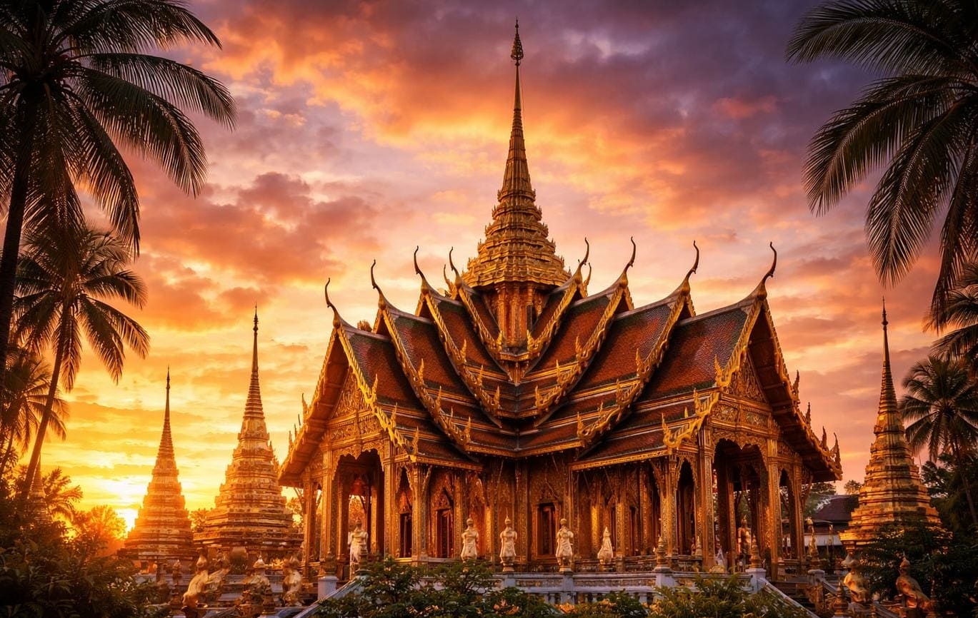 Golden temple spires against a burning sunset sky
