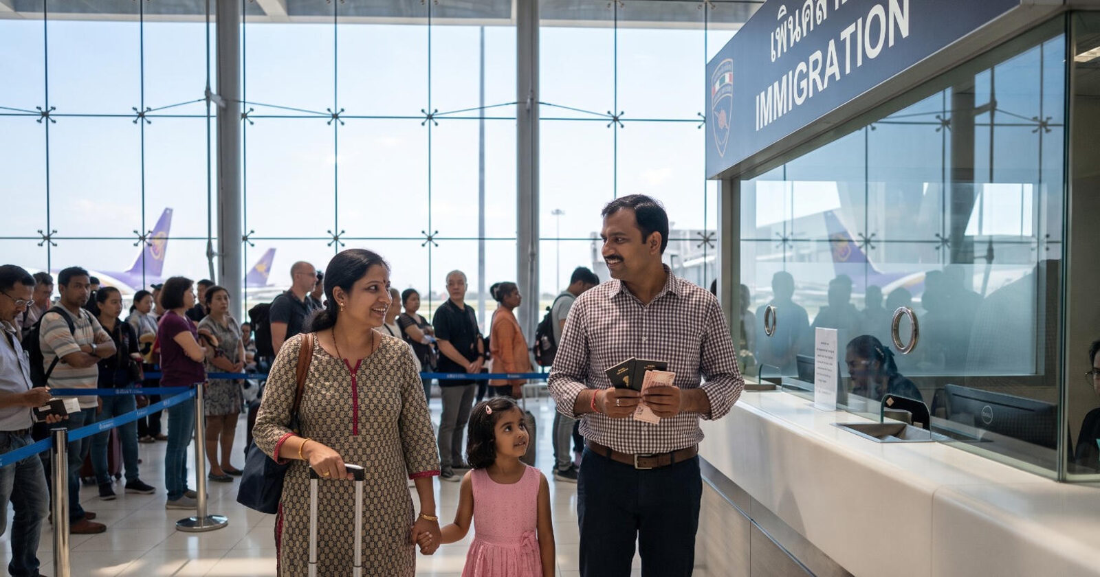An Indian family with a young child waiting at a passport control counter marked Immigration at a Thai airport, with Thai Airways aircraft visible through the terminal window