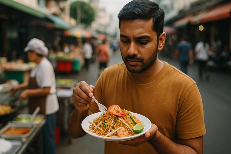 An Indian traveller holding a plate of prawn pad thai in front of a Thai street food stall