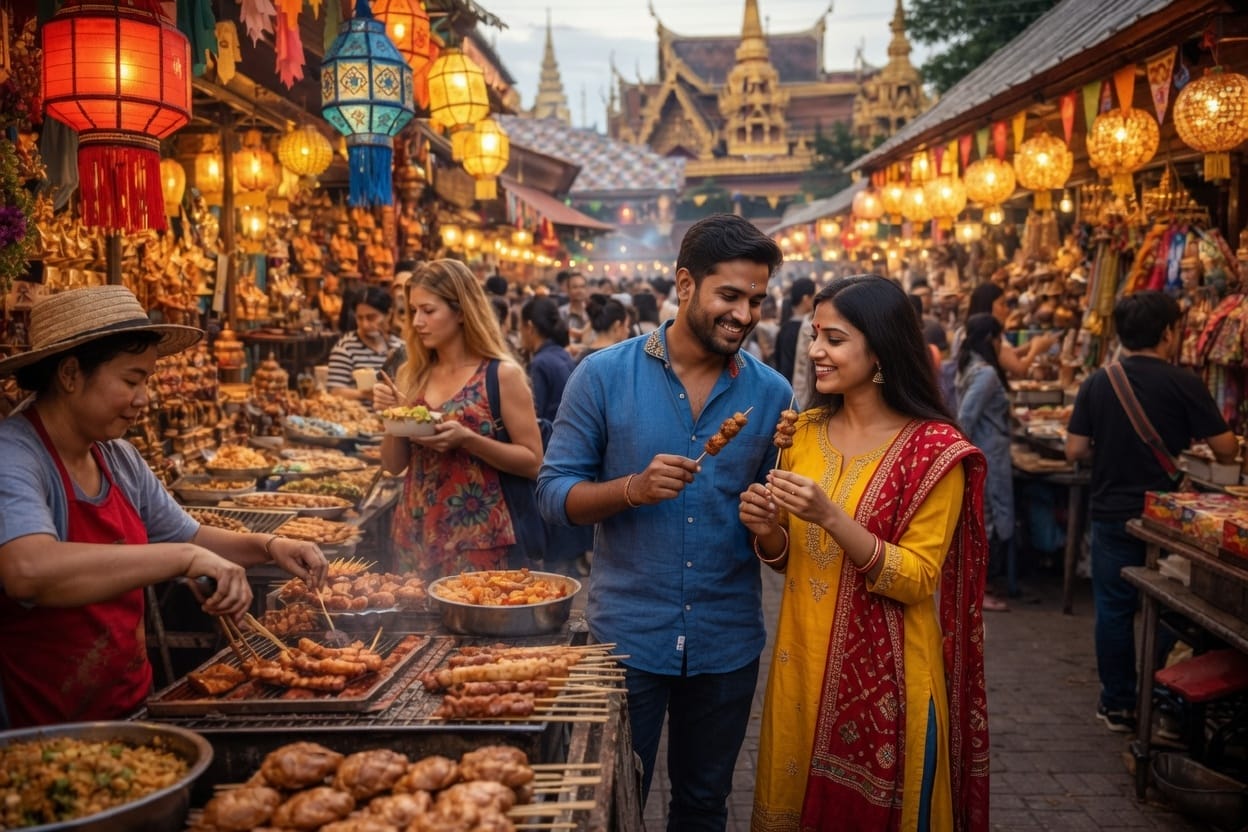 An Indian couple enjoying grilled street food at a vibrant Thai night market with a golden temple behind them