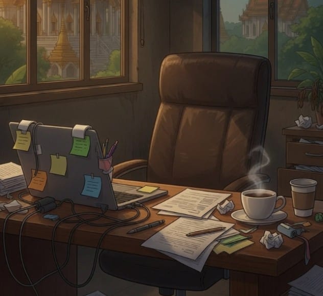 A writer's desk at dusk — a laptop covered in sticky notes, scattered manuscript pages, a steaming cup of Thai coffee and a temple framed in the window